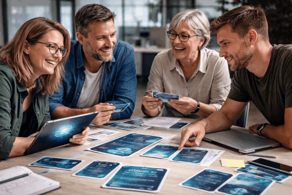 Team von vier Mitarbeitenden, die Rätsel mit Hilfe von KI lösen